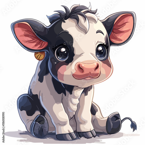 Cute little black and white cow with big eyes. Vector illustration.