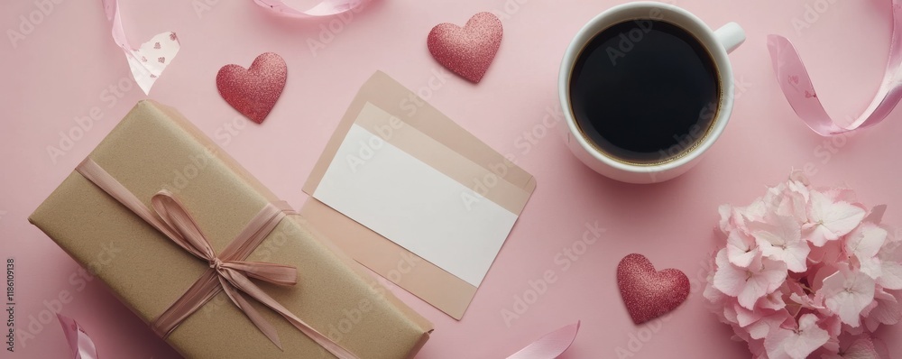 A romantic Valentine's Day themed arrangement featuring a wrapped gift, a cup of coffee, a blank card, and heart decorations on a pink background A romantic Valentine's Day themed arrangement featuring a wrapped gift, a cup of coffee, a blank card, and heart decorations on a pink background