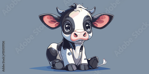 Cute cartoon cow sitting on the floor. Vector illustration isolated on a gray background.
