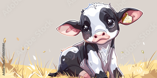 Illustration of a Cute Little Baby Cow in the Wheat Field