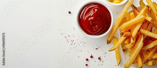 Close up image of French fries accompanied by pepper ketchup and mustard on a white surface. with copy space image. Place for adding text or design photo