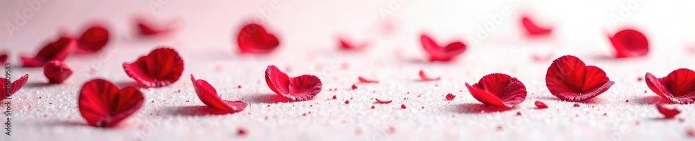 A loose scattering of red rose petals on a snowy-white background with a subtle sheen, petals, scatter A loose scattering of red rose petals on a snowy-white background with a subtle sheen, petals, scatter