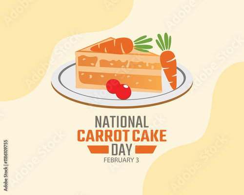 National Carrot Cake Day vector. Delicious slice of carrot cake on a plate icon vector. Piece of cake with carrot drawing. February 3.