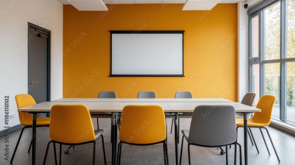 Modern meeting room with projection screen and table with colorful chairs Modern meeting room with projection screen and table with colorful chairs