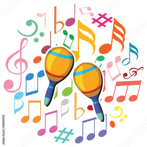 Colorful Musical Notes and Maracas