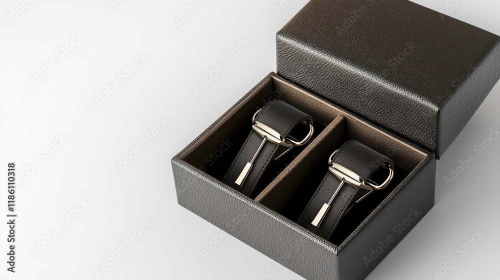 Pair of matching collar clips in a luxurious gift box, isolated on a clean white surface. Pair of matching collar clips in a luxurious gift box, isolated on a clean white surface.