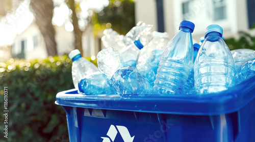 Close up of recycling bin filled with plastic bottles, promoting sustainability and eco friendliness photo