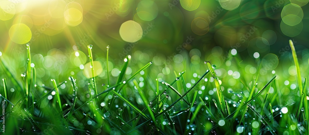 Obraz premium Close up of beautiful vibrant green grass with dew drops featuring copy space Pure delightful greenery with raindrops in sunlight captured in macro Background of green textured plants in rainy weat