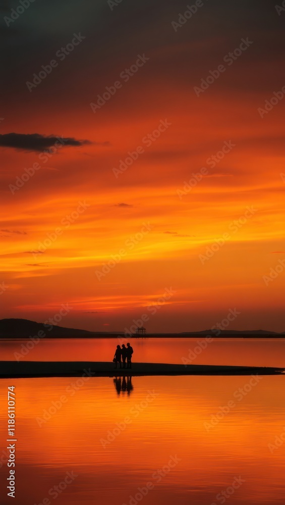A beautiful sunset over the water reflects orange and red hues across the lake and river landscape A beautiful sunset over the water reflects orange and red hues across the lake and river landscape