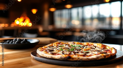 Gourmet thin-crust pizza with sliced toppings served in a cozy dining setting photo