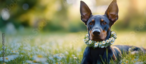 A joyful Doberman dog adorn...