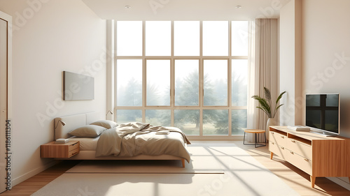 Modern minimal bedroom interior design. Generative AI