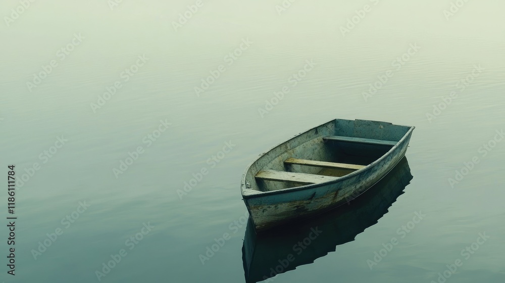 Rustic fishing boat drifting in a lagoon at dusk, surrounded by calm water and a peaceful setting. Rustic fishing boat drifting in a lagoon at dusk, surrounded by calm water and a peaceful setting.