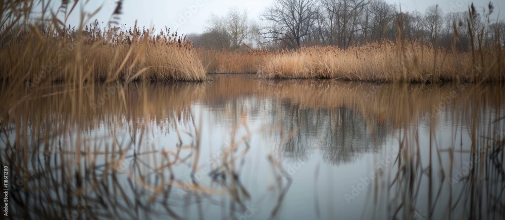 Reflection of reeds in the still water of a canal. with copy space image. Place for adding text or design Reflection of reeds in the still water of a canal. with copy space image. Place for adding text or design