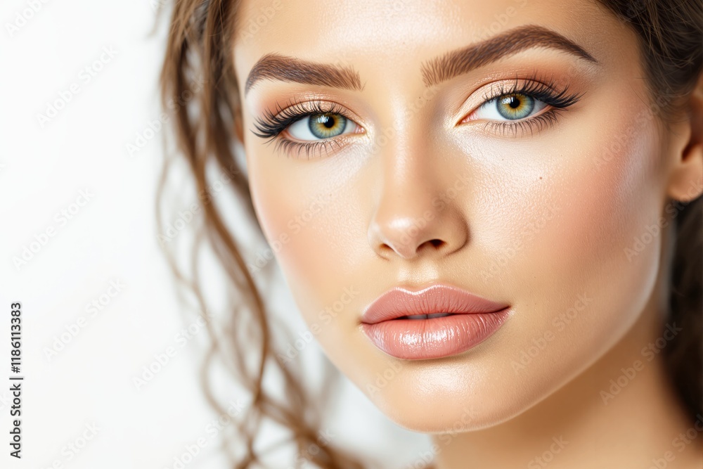 Fototapeta premium Portrait of a woman with glowing skin and flawless makeup, featuring her captivating green eyes, soft lips, on a white background. Beauty concept. Ai generative