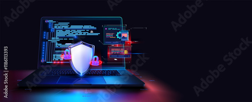 Vector illustration of a cybersecurity concept with a shield, locks, and coding interface displayed on a glowing laptop. Represents data protection, online security, and digital privacy solutions.