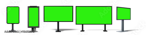 Vector illustration of blank advertising billboards with green screens in various shapes and sizes. Perfect for outdoor advertisement, promotional design, or mockup projects.