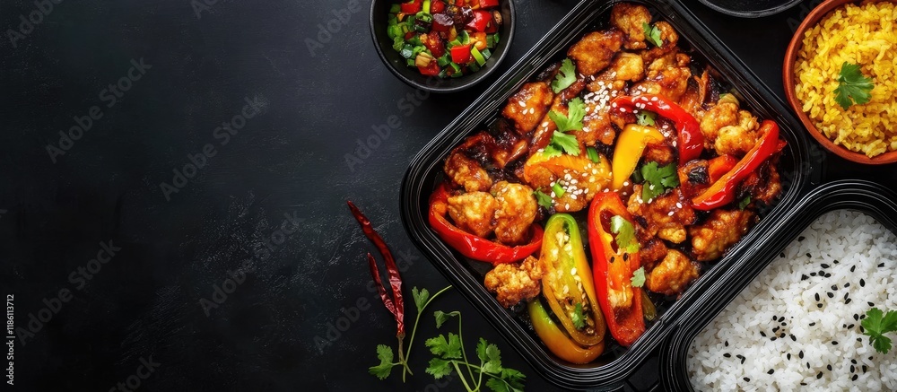 Chinese cuisine stuffed peppers and a rice lunch box. with copy space image. Place for adding text or design Chinese cuisine stuffed peppers and a rice lunch box. with copy space image. Place for adding text or design