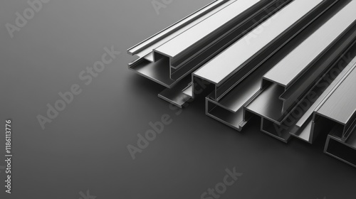 Steel beams arranged neatly against a gradient silver-grey background  representing building materials.