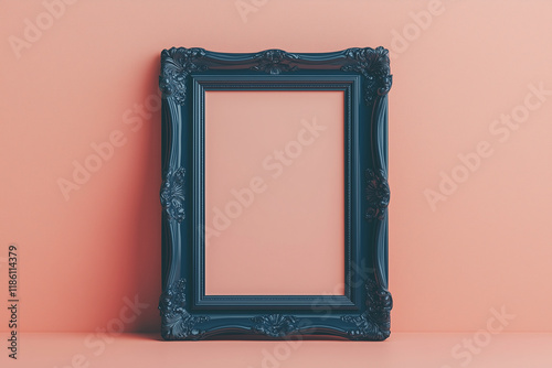 A bold navy blue frame with a glossy finish, leaning against a light coral pink background.