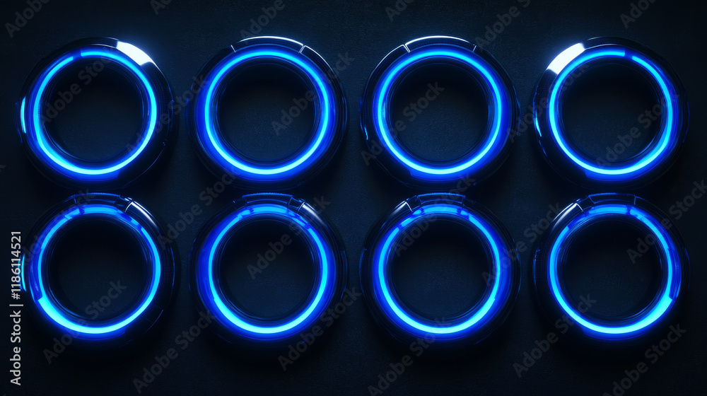 Futuristic tech game ui frames with glowing neon blue line on black background. User interfaces gaming overlays or sci fi visual hud elements. Circular and rectangular borders with digital details. Futuristic tech game ui frames with glowing neon blue line on black background. User interfaces gaming overlays or sci fi visual hud elements. Circular and rectangular borders with digital details.