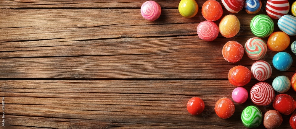 Vibrant candies on a wooden surface top view. with copy space image. Place for adding text or design Vibrant candies on a wooden surface top view. with copy space image. Place for adding text or design