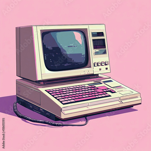 Vintage desktop PC with keyboard in a toon style isolated on background.