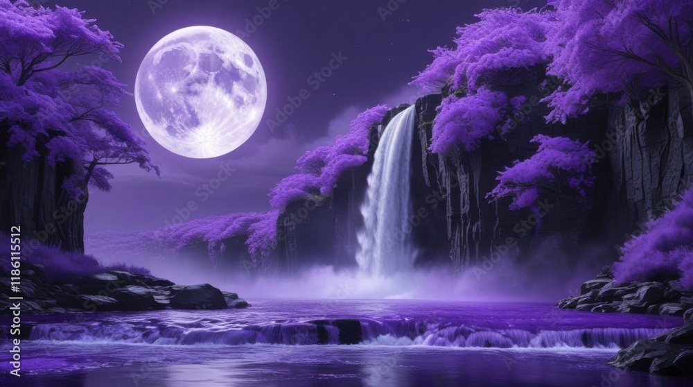 Fototapeta premium A breathtaking, hyperrealistic image of a serene purple waterfall cascading down a dark, rocky cliff face into a flowing purple river. Large, vibrant purple blossoms adorn the cliffside trees... 