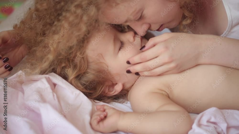 Mother with baby child lying on bed at bedroom. Beautiful mummy kissing and hug sleeping baby. Mother kissing sleeping baby. Mother caring for lovely child. Kid sleep in comfortable bed. Mother with baby child lying on bed at bedroom. Beautiful mummy kissing and hug sleeping baby. Mother kissing sleeping baby. Mother caring for lovely child. Kid sleep in comfortable bed.