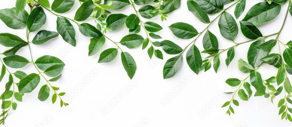 Fresh green leaves in full frame isolated against a white background Top and bottom images of the Azadirachta indica branch. with copy space image. Place for adding text or design Fresh green leaves in full frame isolated against a white background Top and bottom images of the Azadirachta indica branch. with copy space image. Place for adding text or design