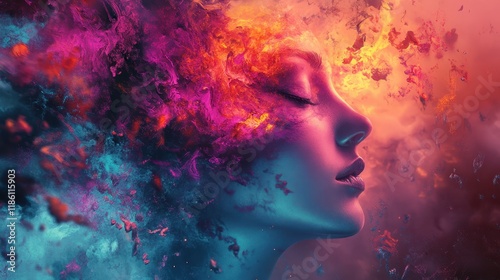 Abstract Portrait with Pink, Orange, and Blue Paint Splashes