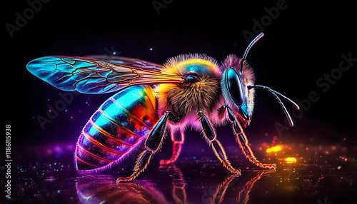 colorful glowing neon bee, dark background