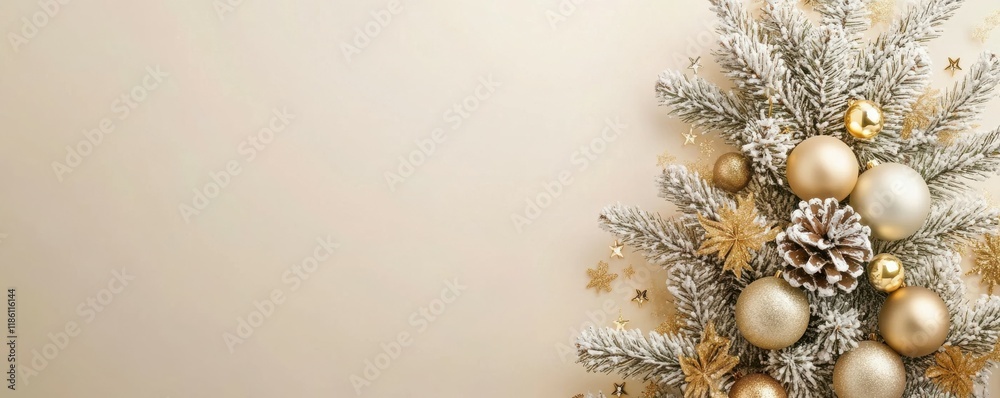 Obraz premium A stylish top view Christmas tree cutout design adorned with sparkling ornaments and golden decorations, set against a soft beige background creating a festive and elegant holiday