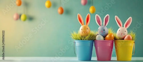 Easter eggs with rabbit ears in colorful buckets selective focus image card wishing a Happy Easter. with copy space image. Place for adding text or design photo