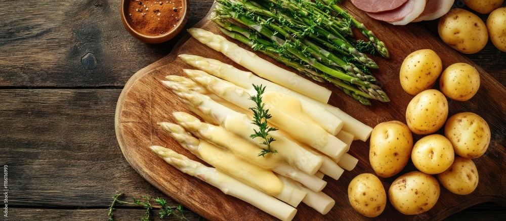 White asparagus served with Hollandaise sauce boiled potatoes and ham Prepared in a traditional manner Copy space for text