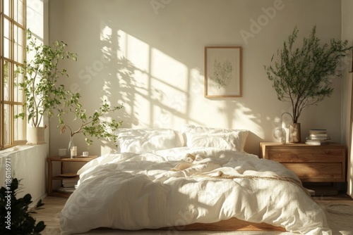Cozy bedroom with warm sunlight and soft decor