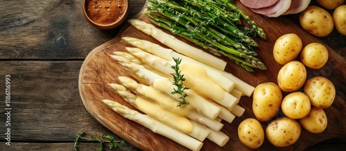 Obraz na płótnie White asparagus served with Hollandaise sauce boiled potatoes and ham Prepared in a traditional manner Copy space for text w salonie
