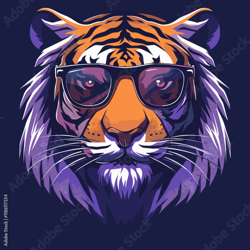 Tiger with sunglasses on its face. The tiger is wearing sunglasses and has a casual, laid-back vibe