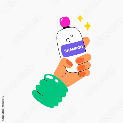 Shampoo bottle held by hand in flat vector illustration symbolizing hair care, personal grooming, and beauty product, isolated on white background