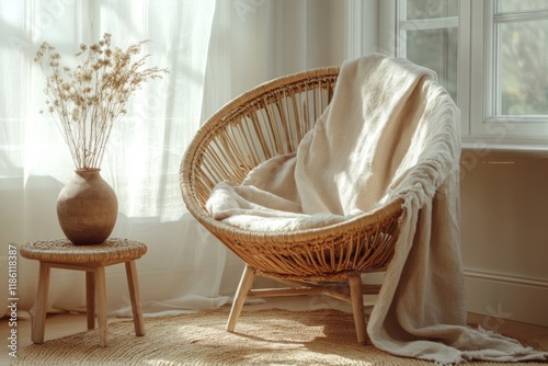 Cozy corner with rattan chair and soft drapes in sunlight photo