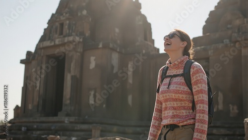 Excited woman in colorful outfit admires ancient temple with intricate carvings under warm sunlight photo