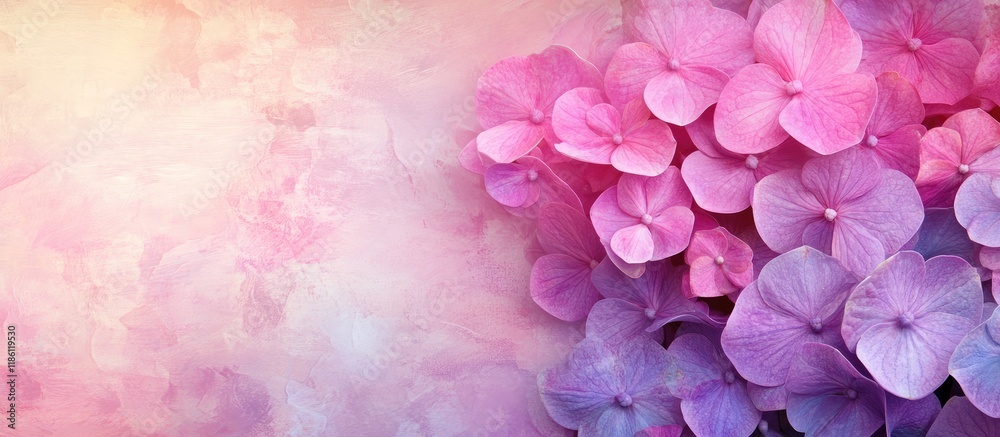 Fototapeta premium Artistic image featuring pink and purple Hydrangea flowers against an ink background Top view with copy space