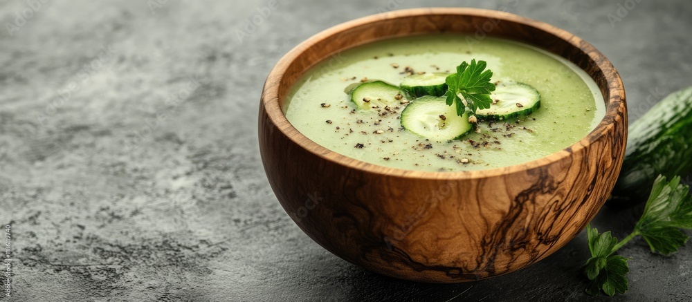 Vegan cold cucumber cream soup served in a wooden bowl against a gray backdrop. with copy space image. Place for adding text or design Vegan cold cucumber cream soup served in a wooden bowl against a gray backdrop. with copy space image. Place for adding text or design