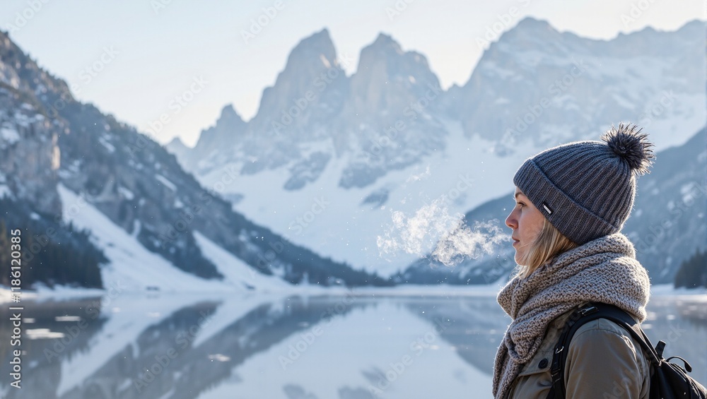 Winter traveler admiring snow capped mountains beside frozen lake wearing knitted hat and scarf in awe of scenic beauty Winter traveler admiring snow capped mountains beside frozen lake wearing knitted hat and scarf in awe of scenic beauty