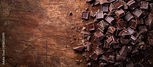 Chopped chocolate on a wood...