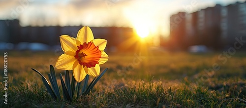 A wild orange daffodil in a...