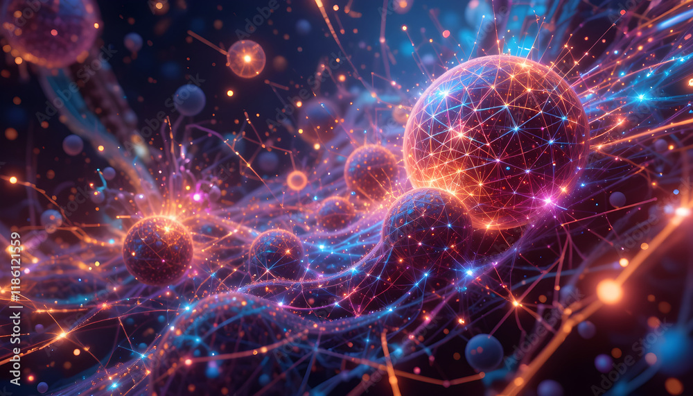 An abstract visualization of a digital universe, with glowing geometric shapes, dynamic particle effects, and vibrant neon colors. An abstract visualization of a digital universe, with glowing geometric shapes, dynamic particle effects, and vibrant neon colors.