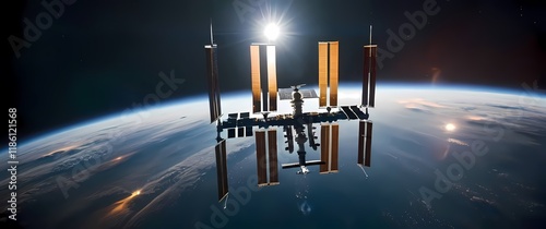 A beautiful view of the International Space Station emerging against shimmering celestial bodies