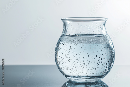 A transparent vase filled with clear water droplets, sitting on a reflective glass surface with a cool gray background.