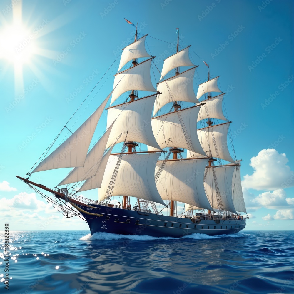 Large sailing ship sails on open sea under sunny sky. White sails catch wind. Ship moves across water. Sunny day. Ocean waves. Historic vessel. Maritime concept. Artistic exploration. Large sailing ship sails on open sea under sunny sky. White sails catch wind. Ship moves across water. Sunny day. Ocean waves. Historic vessel. Maritime concept. Artistic exploration.